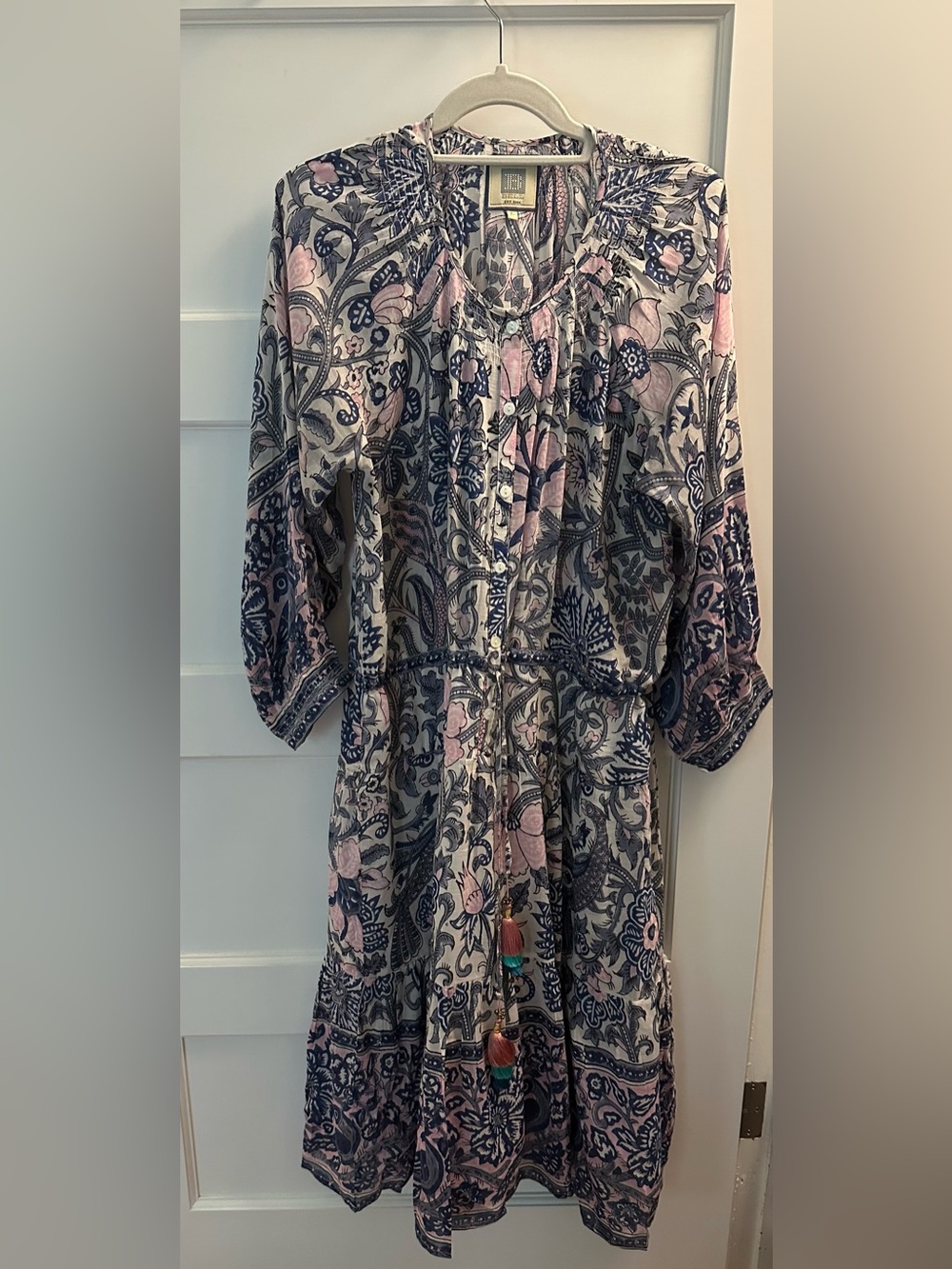 Bohemian Floral Paisley Maxi Dress in Navy and Light Pink